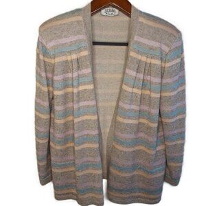 Vtg St. John Santana Knit Tan Pastel Multi Striped Open Cardigan Neutral Preppy